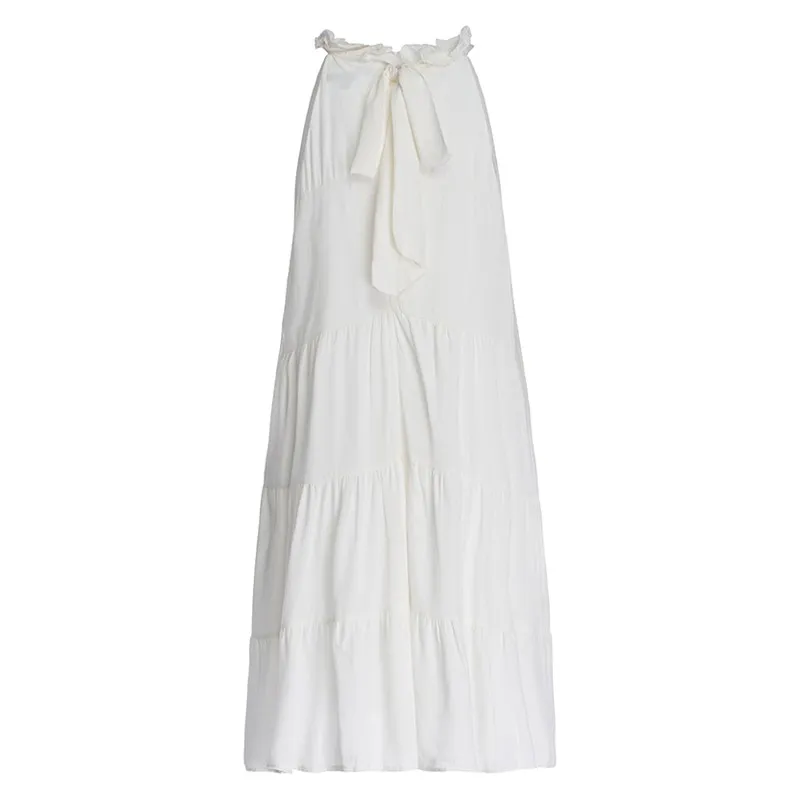 French Resort Style Sleeveless Off-shoulder Cake Dress White Bow Halter Neck Dress